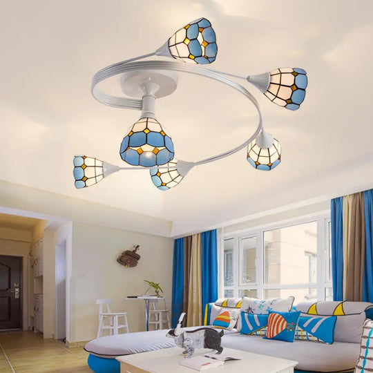 Mediterranean Swirl Semi Flush Ceiling Light With Floral Accents Blue And White Glass Ideal For