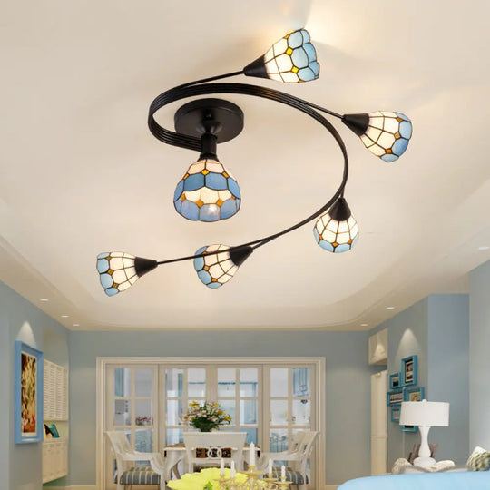 Mediterranean Swirl Semi Flush Ceiling Light With Floral Accents Blue And White Glass Ideal For