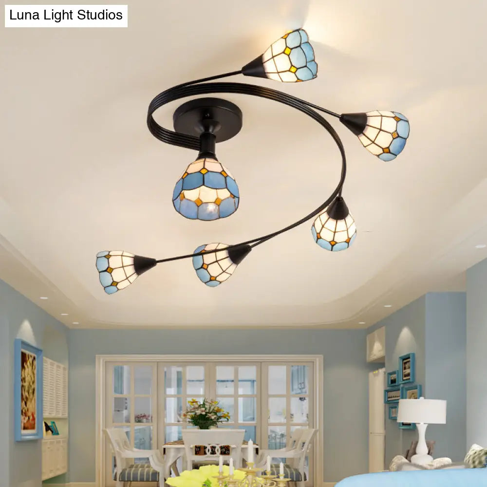 Mediterranean Swirl Semi Flush Ceiling Light With Floral Accents Blue And White Glass Ideal For