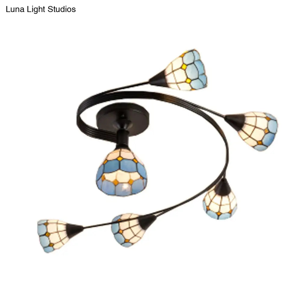 Mediterranean Swirl Semi Flush Ceiling Light With Floral Accents Blue And White Glass Ideal For