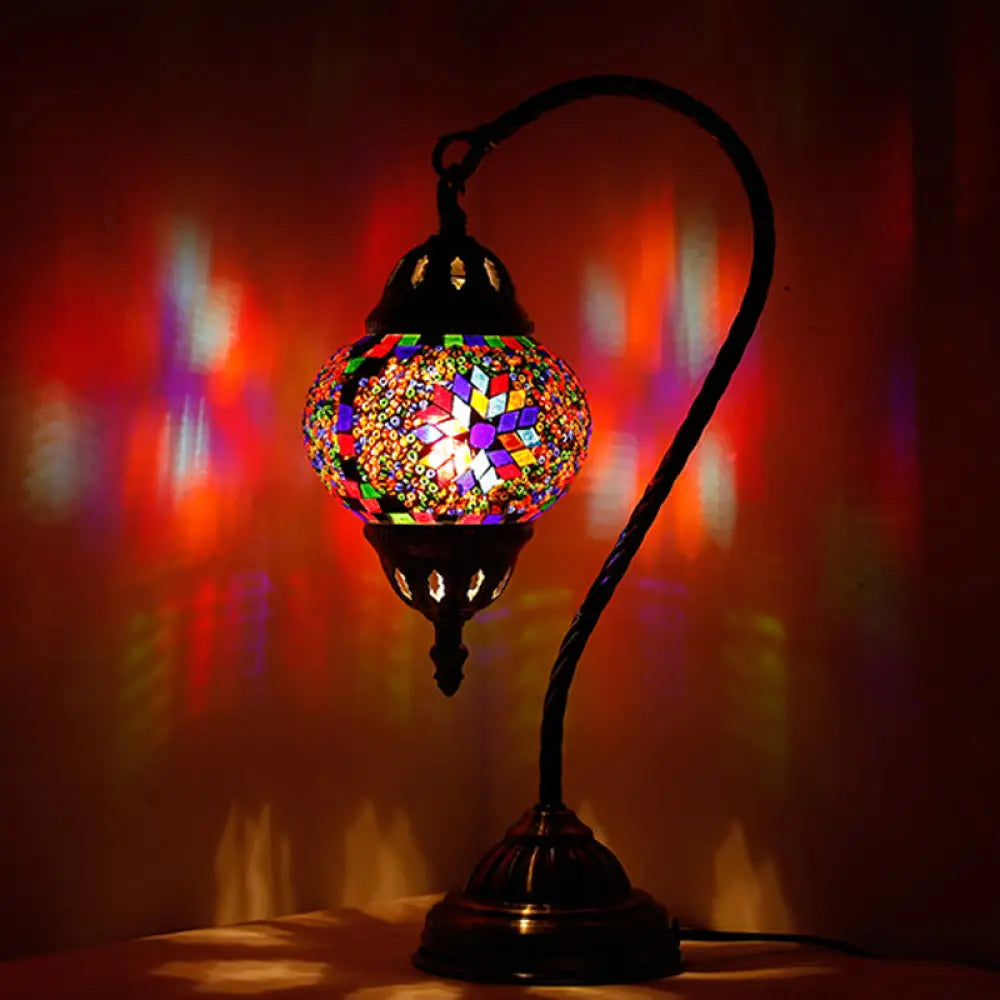 Mediterranean Teardrop Stained Glass Night Lamp With Gooseneck Arm Red Brown