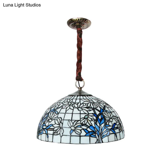 Blue-White Tiffany Glass Ceiling Light: Mediterranean Bowl Pendant Chandelier With Sunflower Pattern