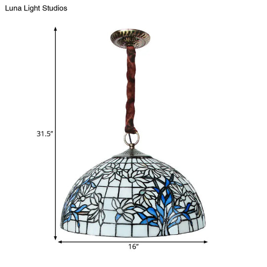 Blue-White Tiffany Glass Ceiling Light: Mediterranean Bowl Pendant Chandelier With Sunflower Pattern