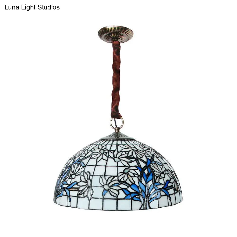 Mediterranean Tiffany Glass Pendant Chandelier With Sunflower Pattern In Blue-White