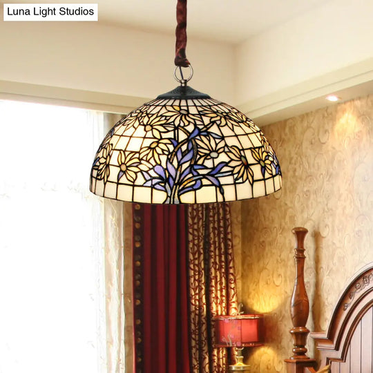 Blue-White Tiffany Glass Ceiling Light: Mediterranean Bowl Pendant Chandelier With Sunflower Pattern