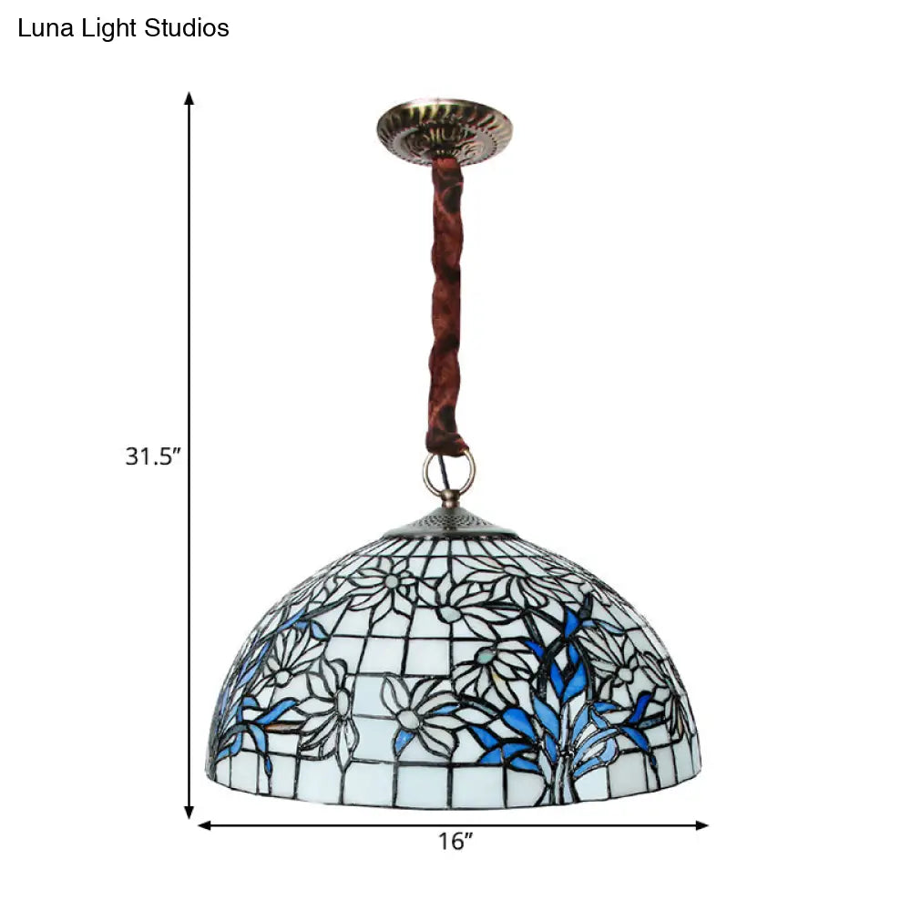 Mediterranean Tiffany Glass Pendant Chandelier With Sunflower Pattern In Blue-White