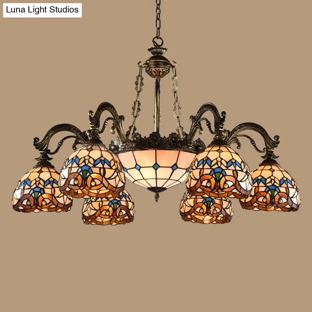 Mediterranean Tiffany-Style Hanging Lamp With Baroque Stained Glass Shade And Aged Aluminum