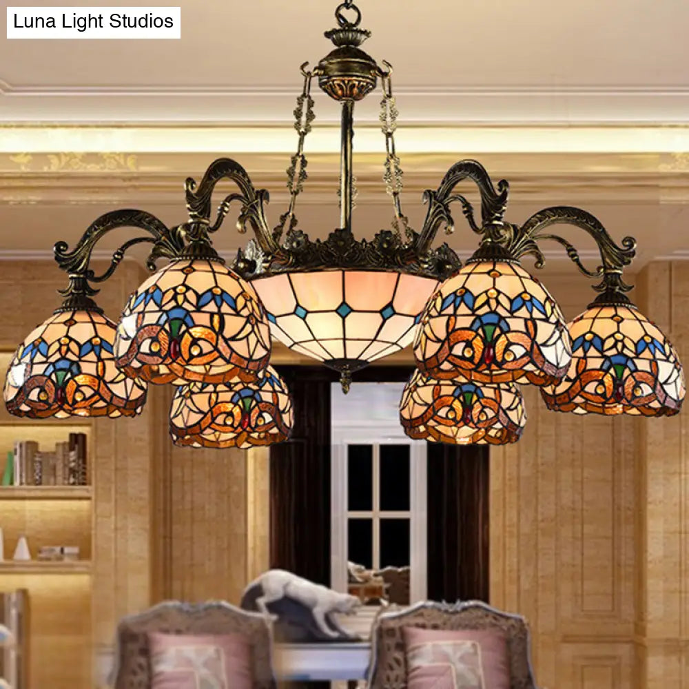 Mediterranean Tiffany Hanging Lamp: Retro Baroque Stained Glass Chandelier With Aged Aluminum Finish