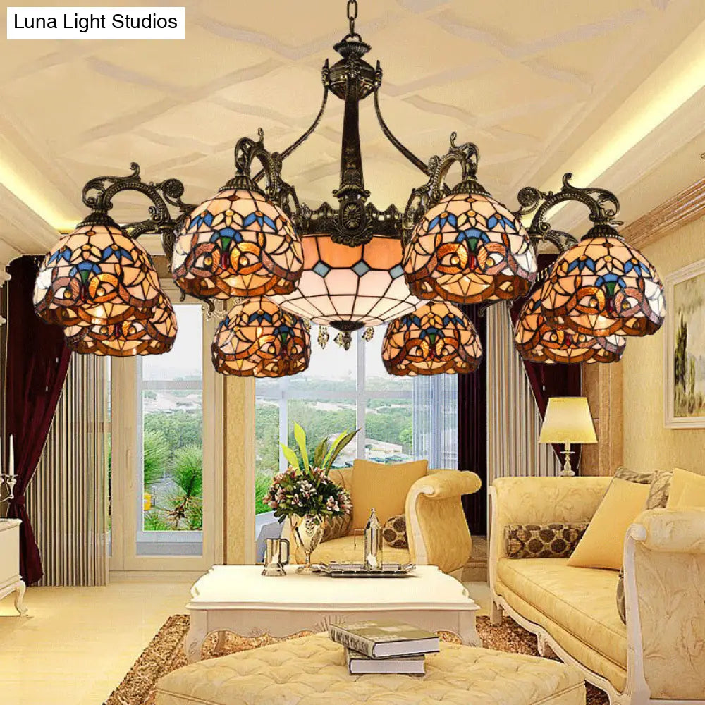 Mediterranean Tiffany Hanging Lamp: Retro Baroque Stained Glass Chandelier With Aged Aluminum Finish