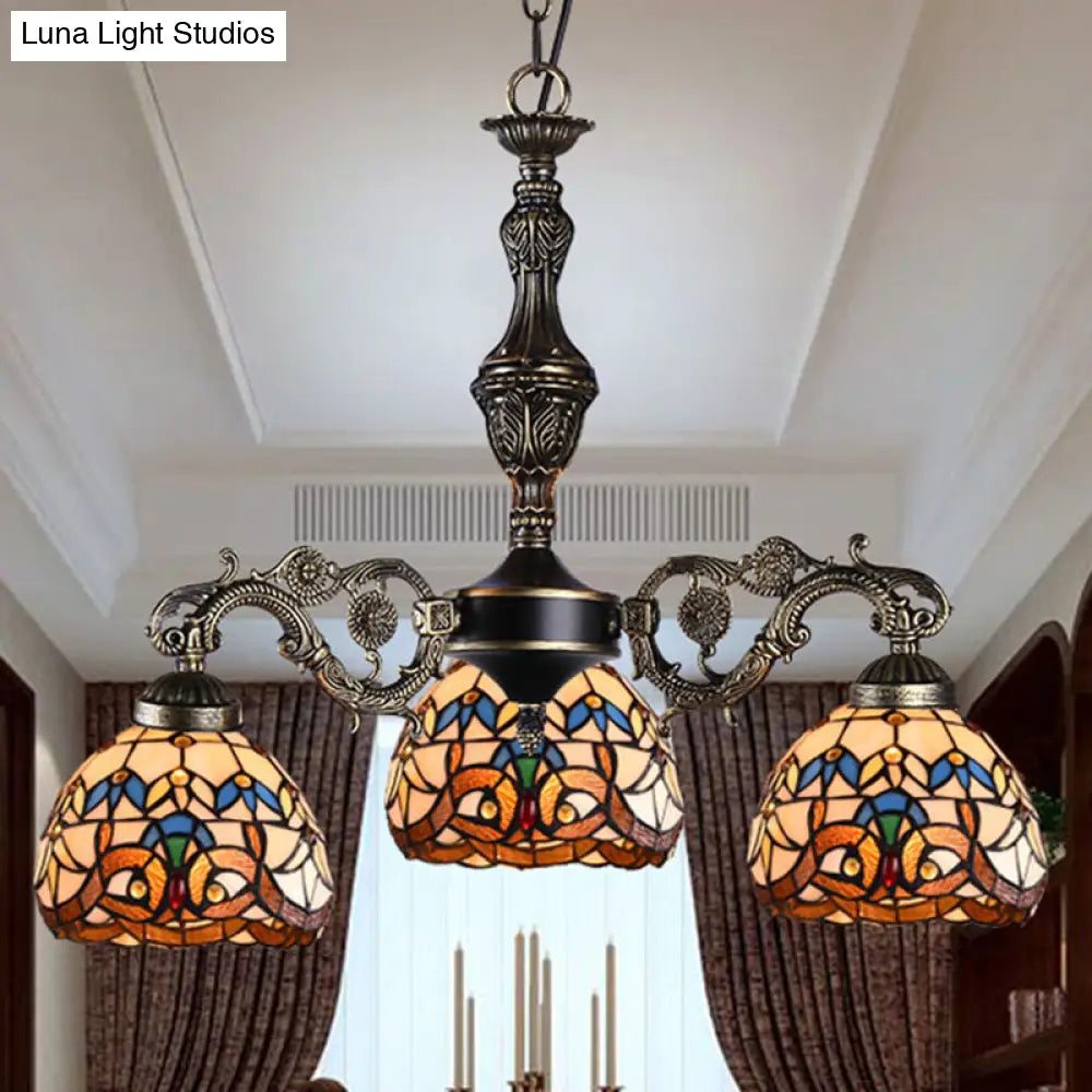 Mediterranean Tiffany Hanging Lamp: Retro Baroque Stained Glass Chandelier With Aged Aluminum Finish