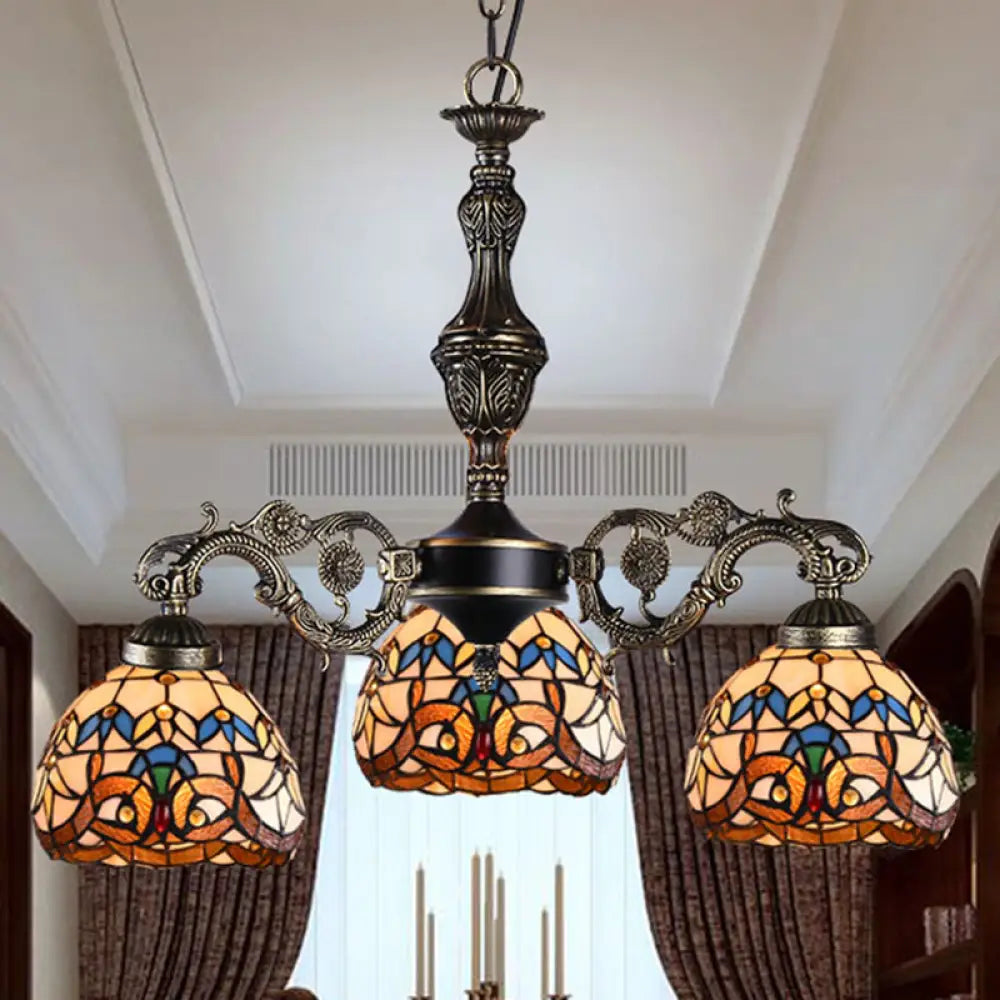 Mediterranean Tiffany-Style Hanging Lamp With Baroque Stained Glass Shade And Aged Aluminum