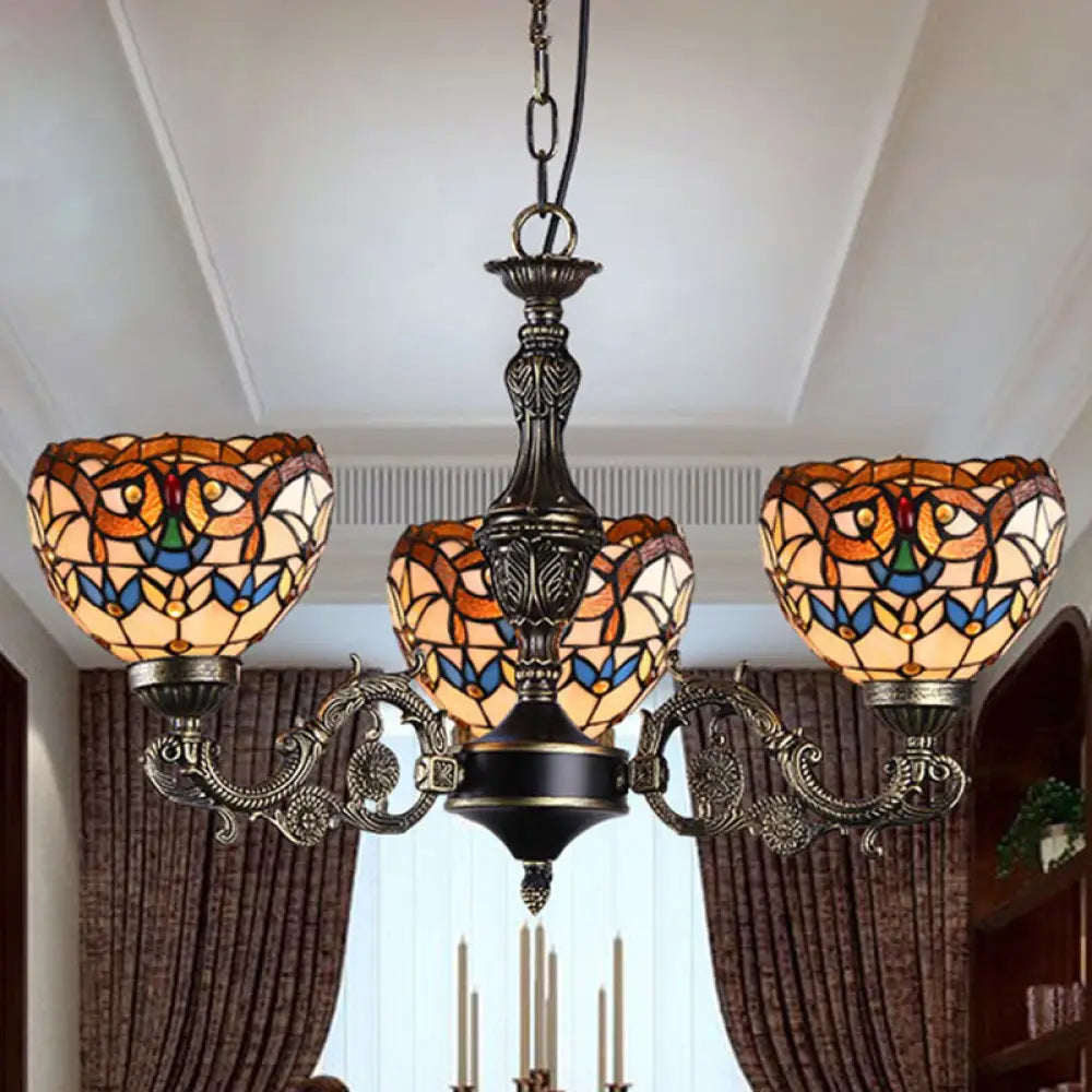 Mediterranean Tiffany-Style Hanging Lamp With Baroque Stained Glass Shade And Aged Aluminum