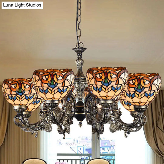 Mediterranean Tiffany Hanging Lamp: Retro Baroque Stained Glass Chandelier With Aged Aluminum Finish