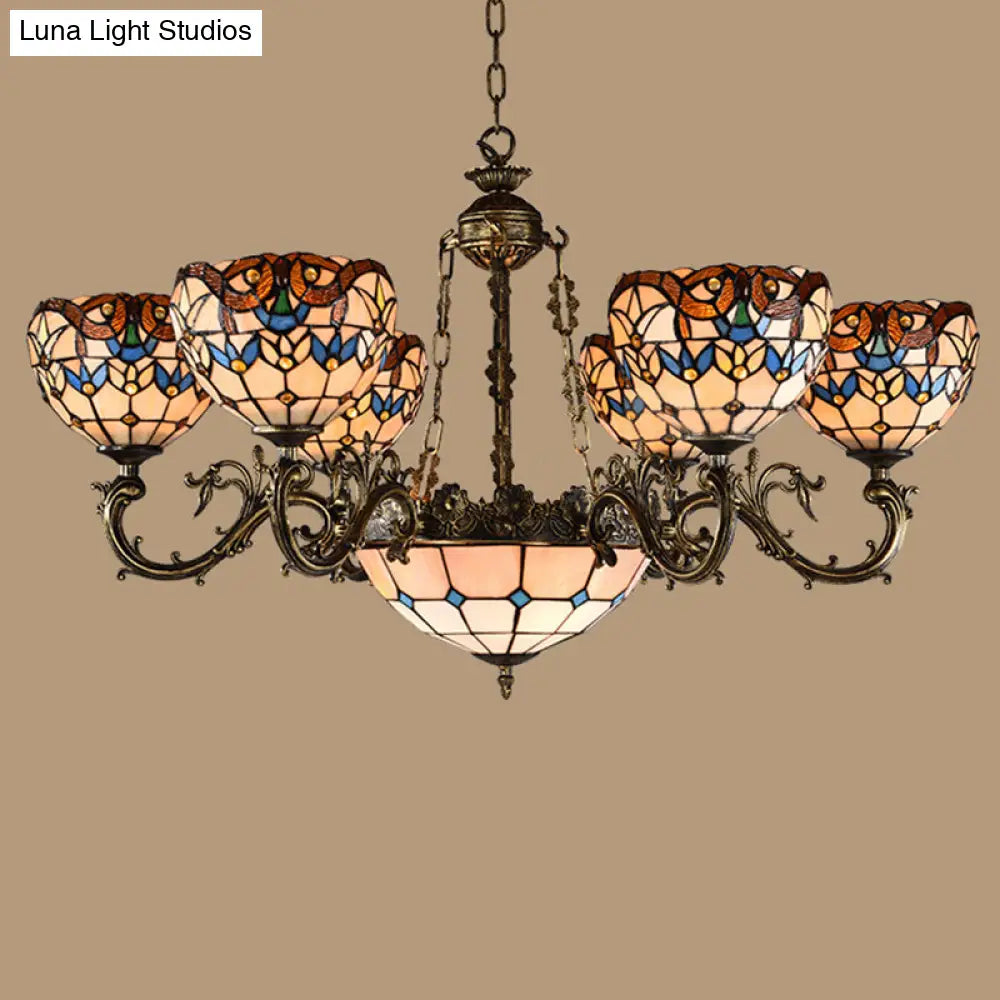 Mediterranean Tiffany-Style Hanging Lamp With Baroque Stained Glass Shade And Aged Aluminum