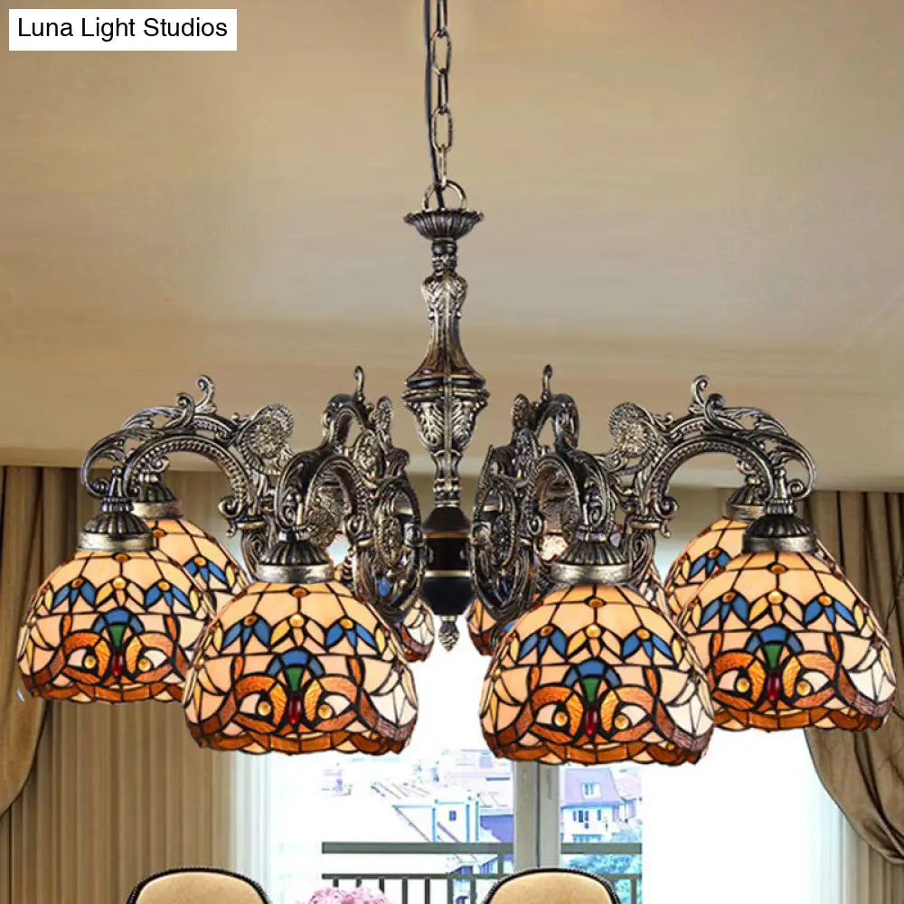 Mediterranean Tiffany Hanging Lamp: Retro Baroque Stained Glass Chandelier With Aged Aluminum Finish