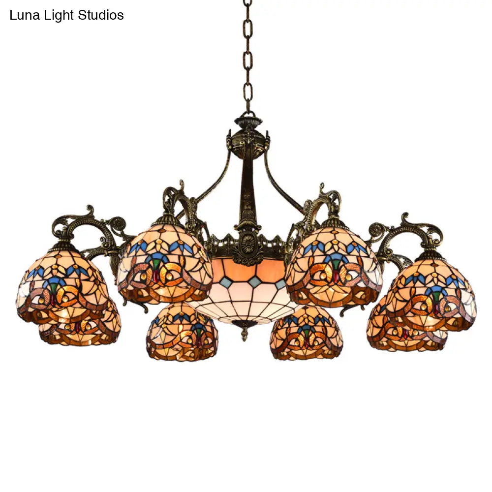 Mediterranean Tiffany-Style Hanging Lamp With Baroque Stained Glass Shade And Aged Aluminum