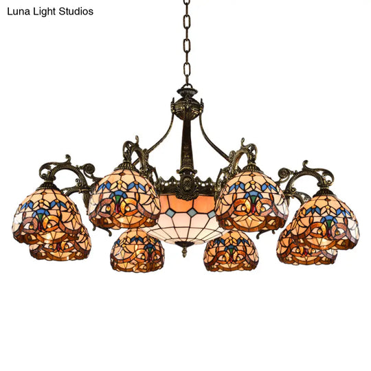 Mediterranean Tiffany-Style Hanging Lamp With Baroque Stained Glass Shade And Aged Aluminum