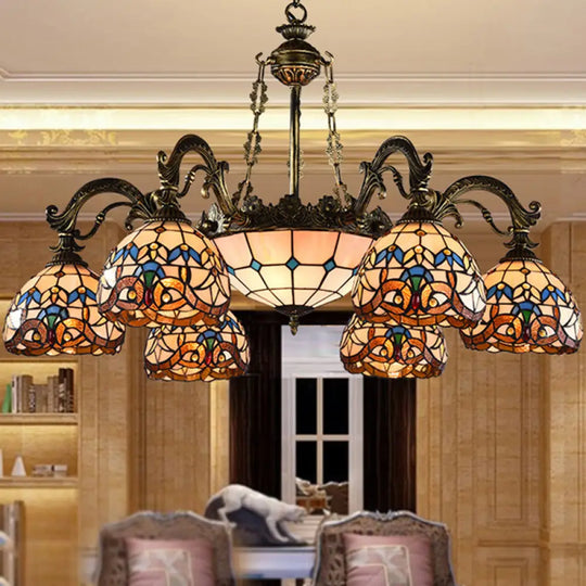 Mediterranean Tiffany-Style Hanging Lamp With Baroque Stained Glass Shade And Aged Aluminum