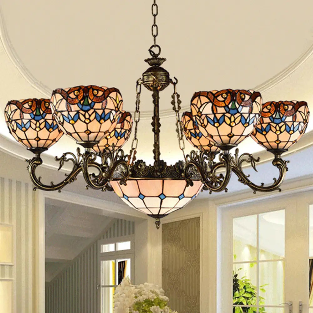 Mediterranean Tiffany-Style Hanging Lamp With Baroque Stained Glass Shade And Aged Aluminum