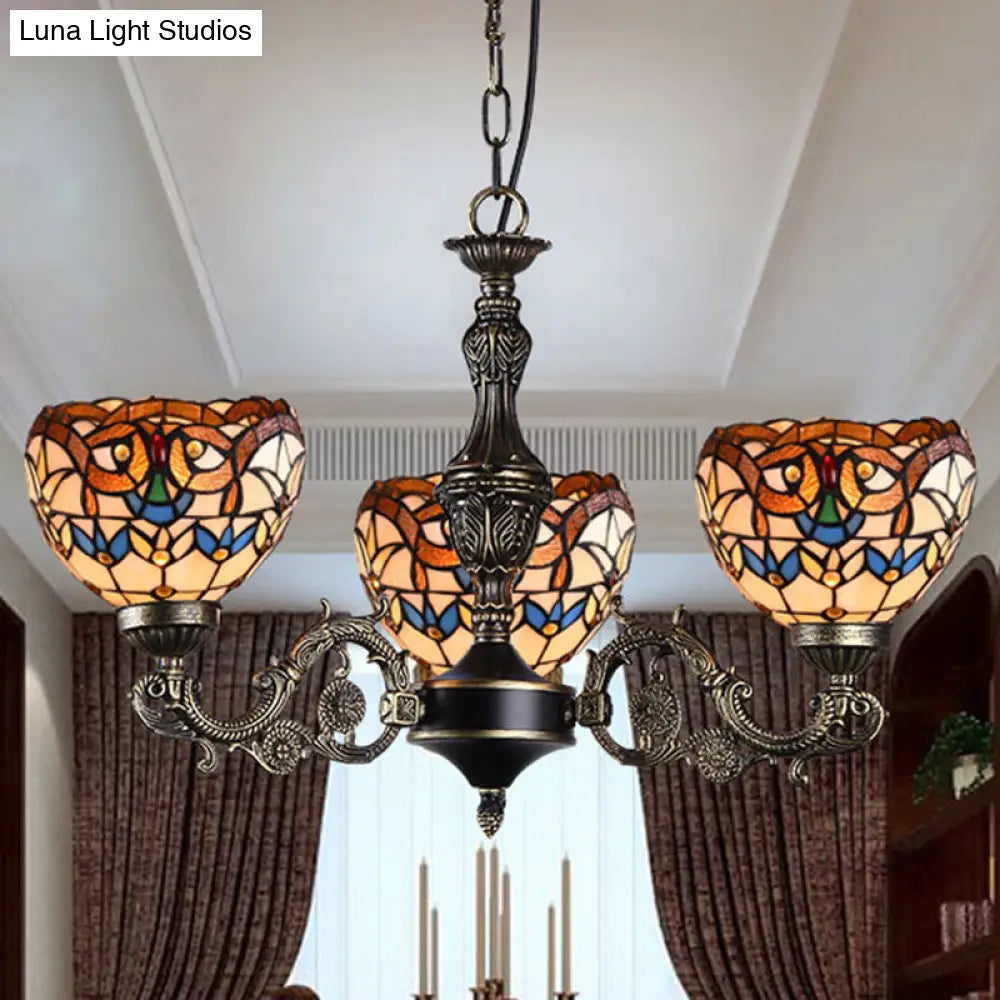 Mediterranean Tiffany Hanging Lamp: Retro Baroque Stained Glass Chandelier With Aged Aluminum Finish