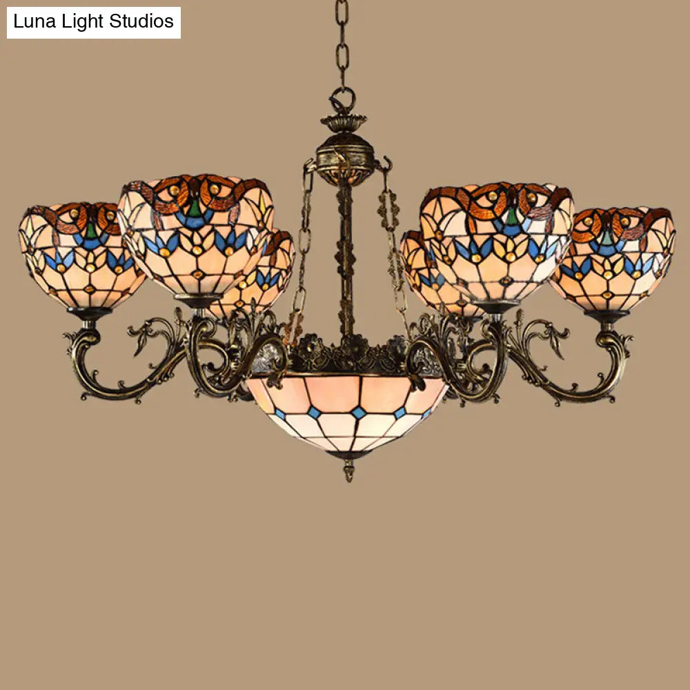 Mediterranean Tiffany Hanging Lamp: Retro Baroque Stained Glass Chandelier With Aged Aluminum Finish