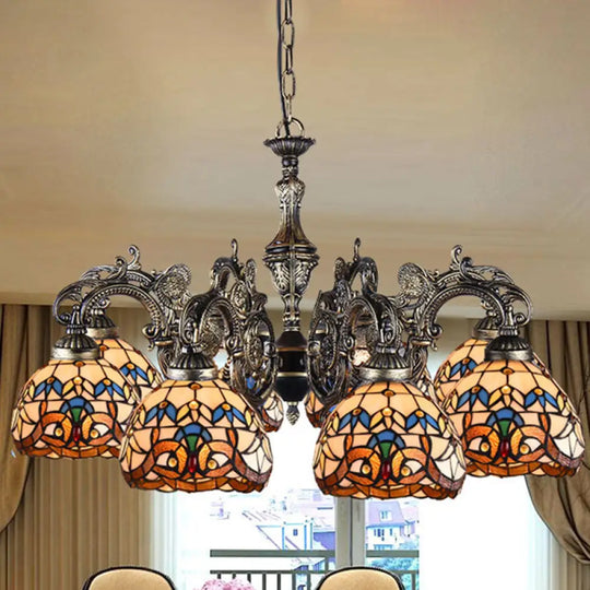 Mediterranean Tiffany-Style Hanging Lamp With Baroque Stained Glass Shade And Aged Aluminum