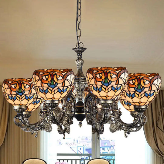 Mediterranean Tiffany-Style Hanging Lamp With Baroque Stained Glass Shade And Aged Aluminum