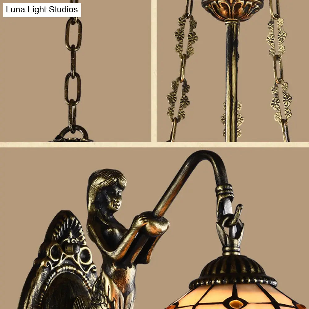 Mediterranean Tiffany-Style Hanging Lamp With Baroque Stained Glass Shade And Aged Aluminum
