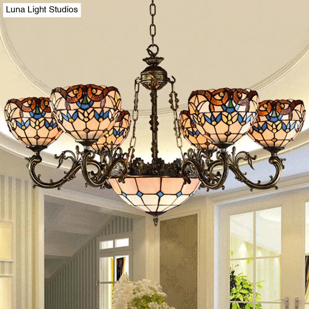 Mediterranean Tiffany Hanging Lamp: Retro Baroque Stained Glass Chandelier With Aged Aluminum Finish