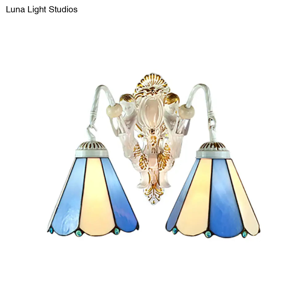 Mediterranean Wall Sconce With Blue-Beige Glass - Two Headed White Conical Design