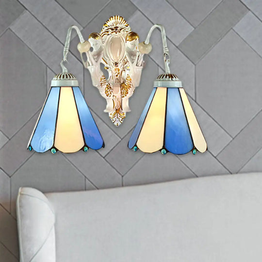 Mediterranean Wall Sconce With Blue-Beige Glass - Two Headed White Conical Design