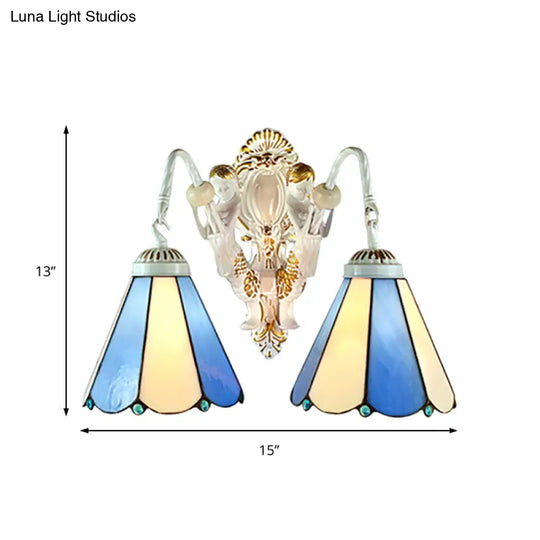 Mediterranean Wall Sconce With Blue-Beige Glass - Two Headed White Conical Design