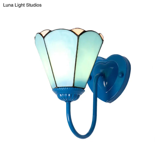 Mediterranean White/Gold/Blue Sconce Wall Light Fixture With Lily Blue Glass Shade