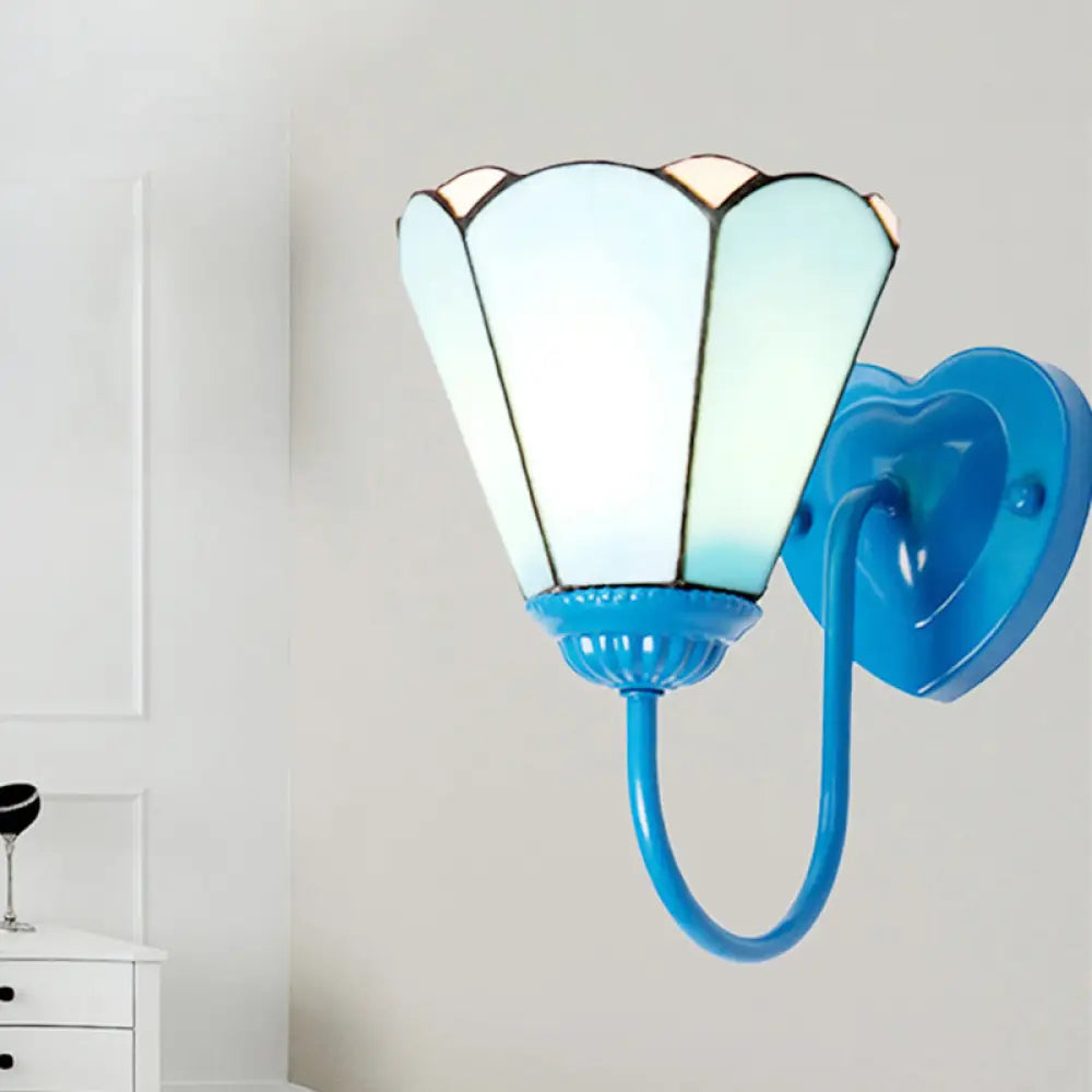 Mediterranean White/Gold/Blue Sconce Wall Light Fixture With Lily Blue Glass Shade