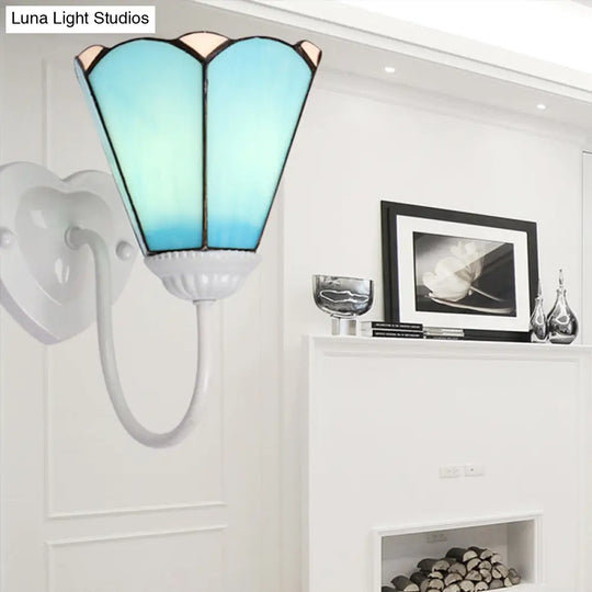 Mediterranean White/Gold/Blue Sconce Wall Light Fixture With Lily Blue Glass Shade