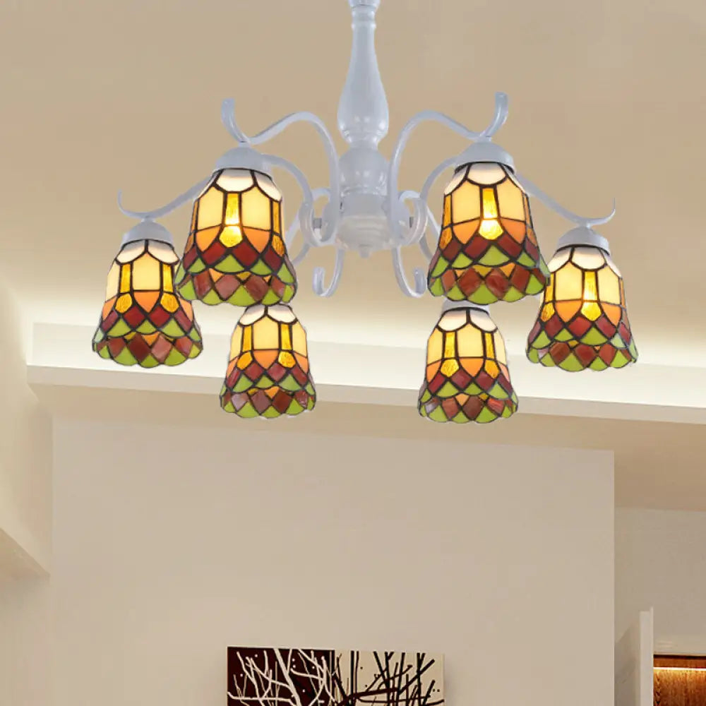 Mediterranean White Stained Glass Semi Flush Ceiling Mount Light - 6/8-Light Bell Design For Living