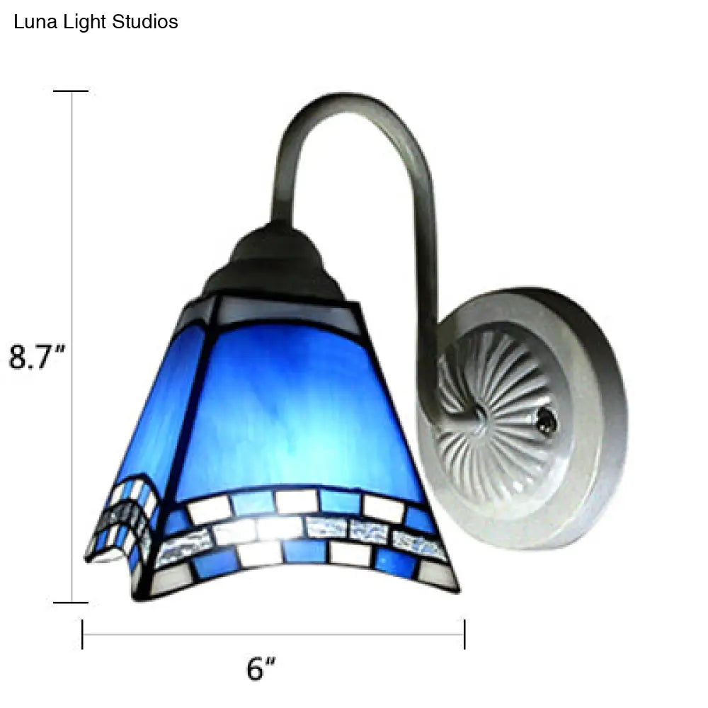 Mediterranean White Wall Sconce Lamp With Blue Glass Shade For Living Room