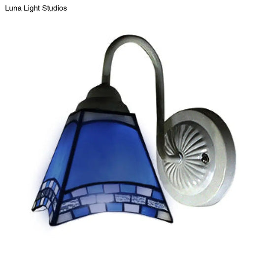 Mediterranean White Wall Sconce Lamp With Blue Glass Shade For Living Room