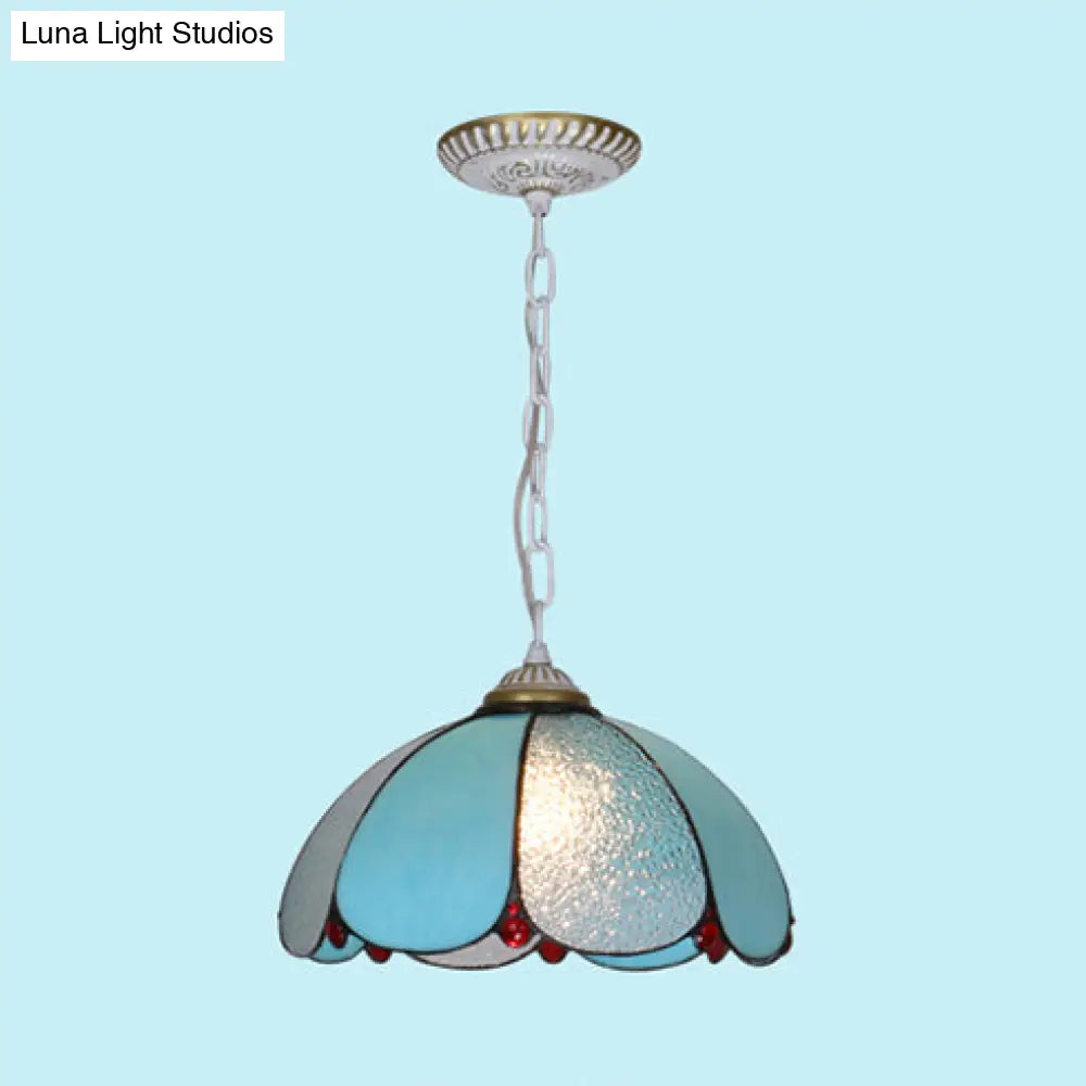 Mediterranean Wide Flare Pendant Lamp – Cut Glass 1 Head Adjustable Chain White/Blue/Bronze