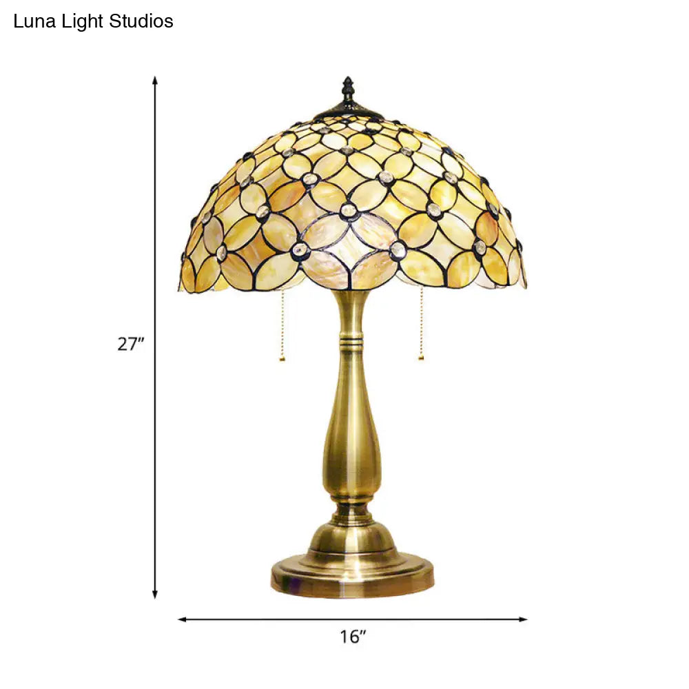 Baroque Gold Pull-Chain Table Lamp With Crisscrossed Flower Shell Shade - Set Of 2 For Living Room