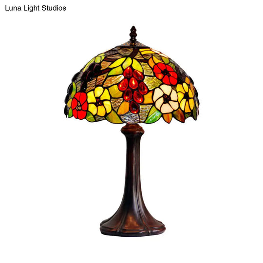 Bronze Stained Glass Night Lamp With Grape And Flower Pattern - Tiffany Table Lighting Dome Shade