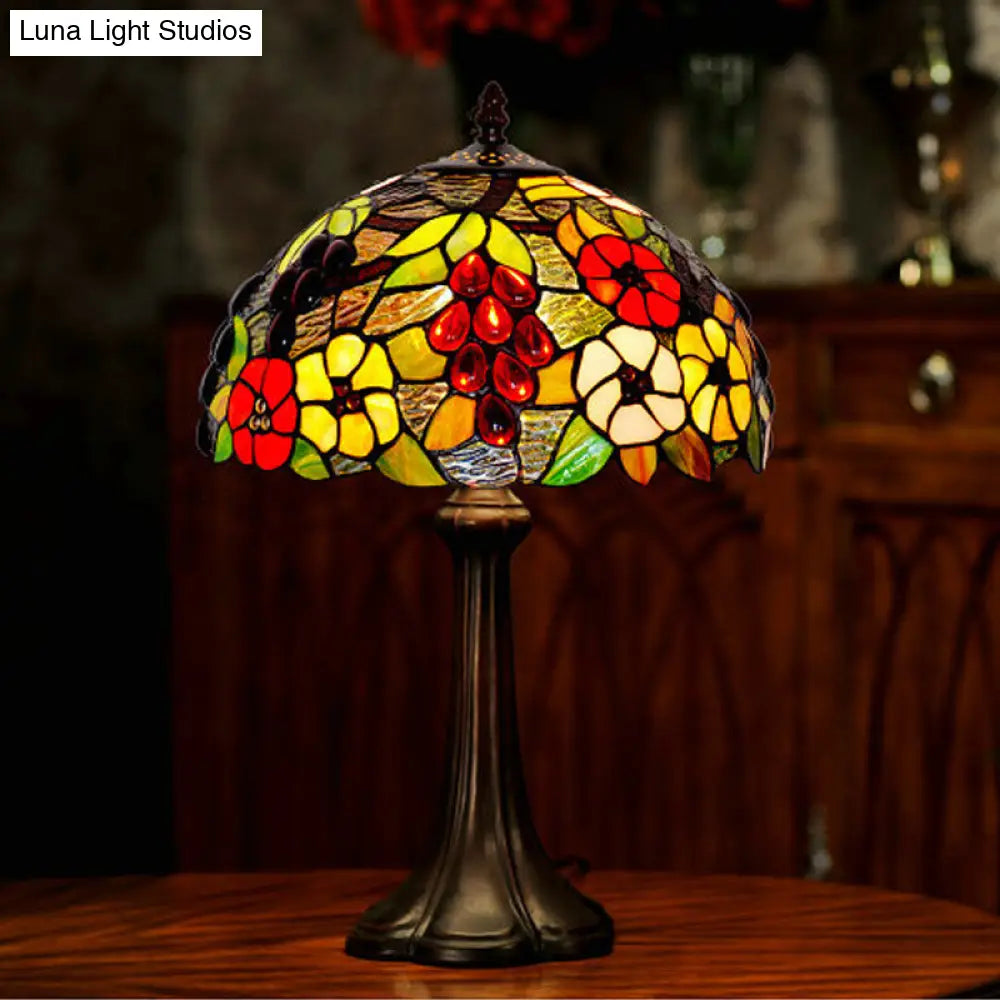 Bronze Stained Glass Night Lamp With Grape And Flower Pattern - Tiffany Table Lighting Dome Shade