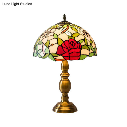 Traditional Green Glass Dome Night Lamp With Brass Base And Elegant Rose & Dragonfly Pattern - 1