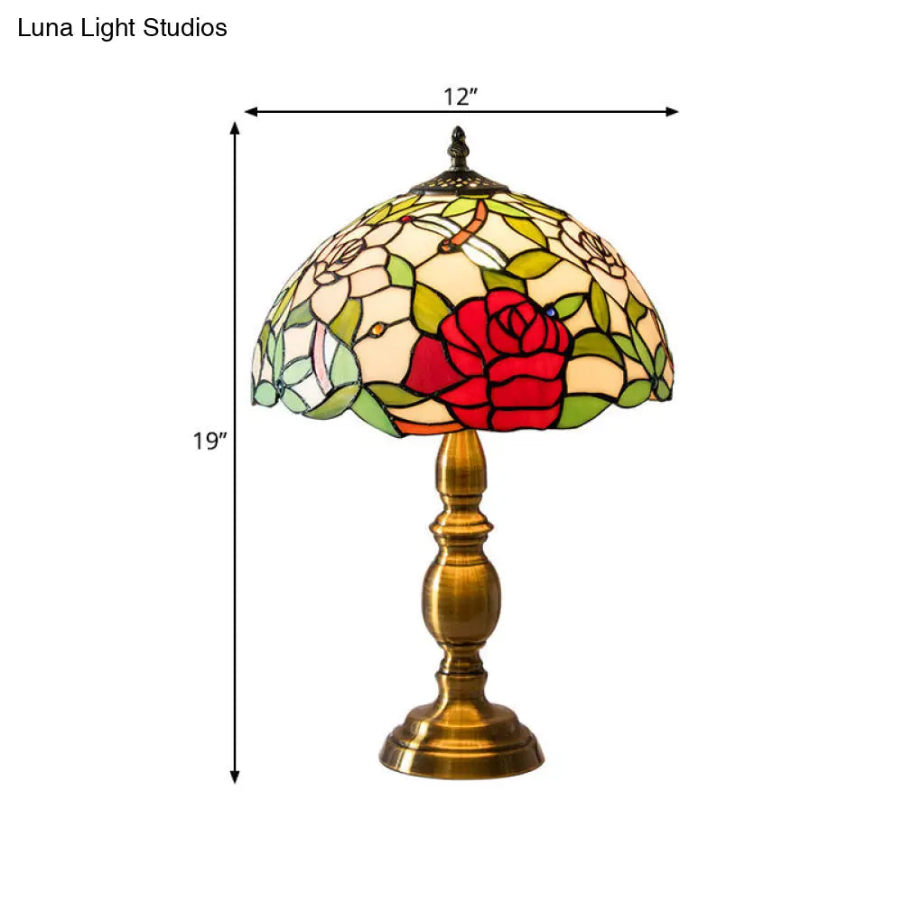 Traditional Green Glass Dome Night Lamp With Brass Base And Elegant Rose & Dragonfly Pattern - 1