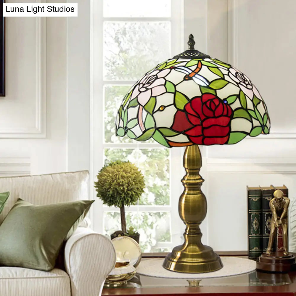 Traditional Green Glass Dome Night Lamp With Brass Base And Elegant Rose & Dragonfly Pattern - 1