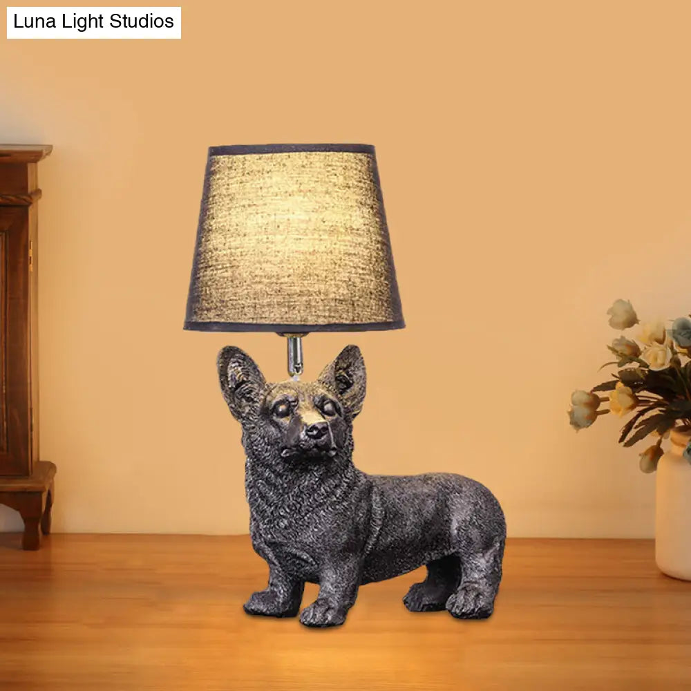 Sitting/Standing Dog Night Table Light - Creative Resin 1 Head Black Lamp With Barrel Fabric Shade