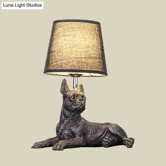 Sitting/Standing Dog Night Table Light - Creative Resin 1 Head Black Lamp With Barrel Fabric Shade