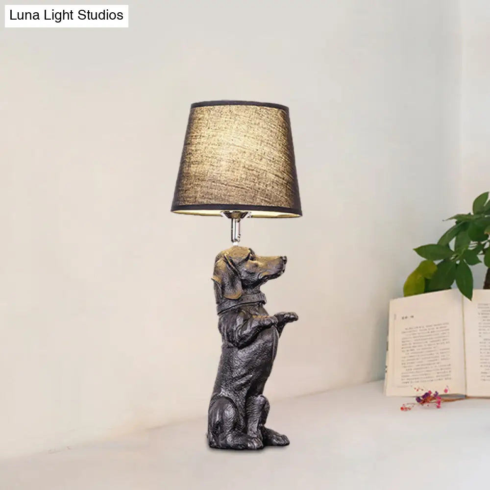 Sitting/Standing Dog Night Table Light - Creative Resin 1 Head Black Lamp With Barrel Fabric Shade