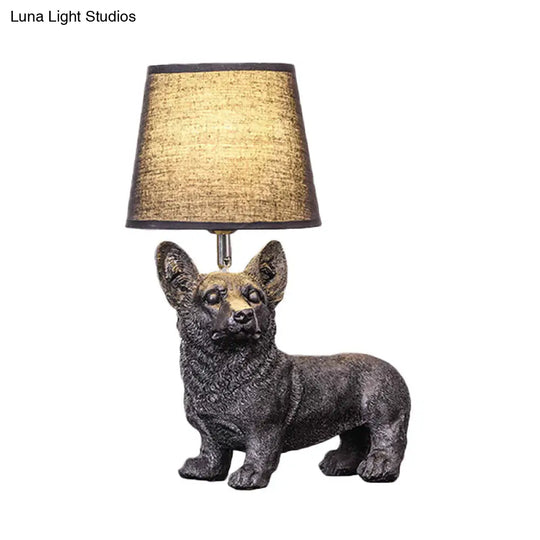 Sitting/Standing Dog Night Table Light - Creative Resin 1 Head Black Lamp With Barrel Fabric Shade