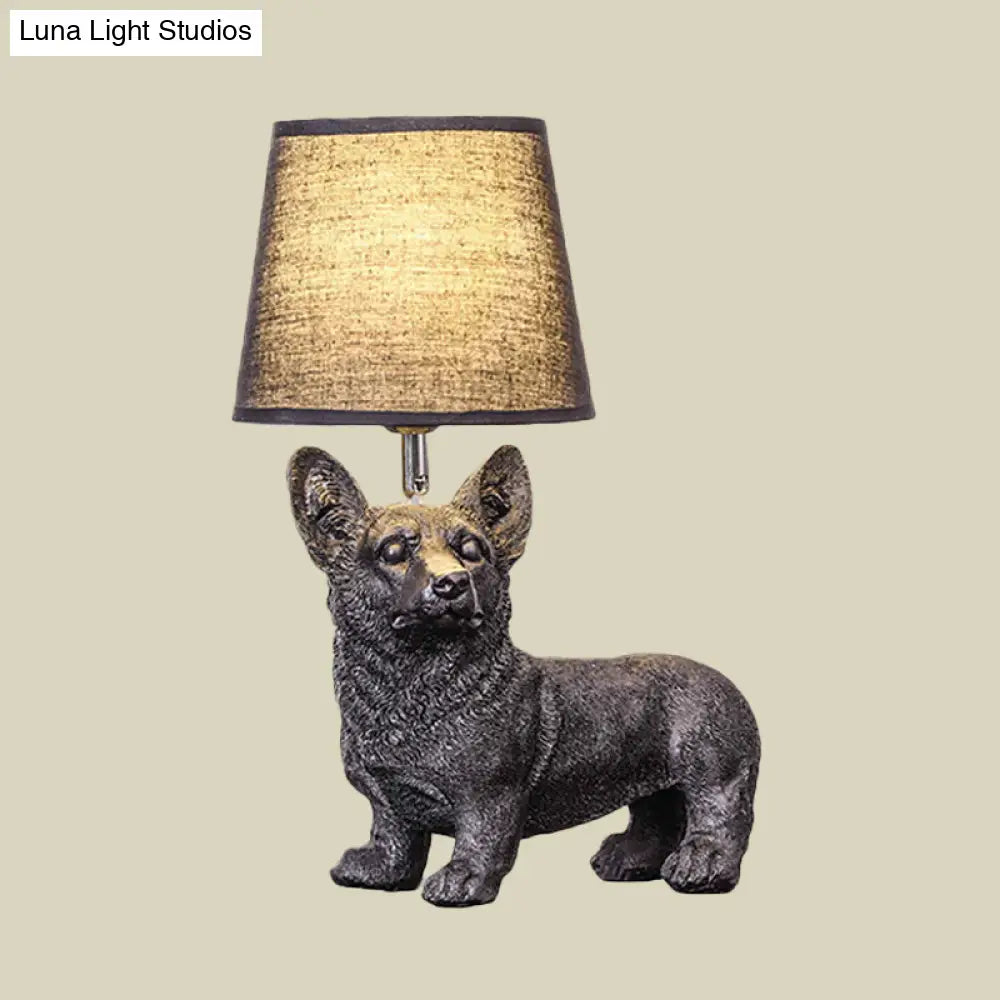 Sitting/Standing Dog Night Table Light - Creative Resin 1 Head Black Lamp With Barrel Fabric Shade